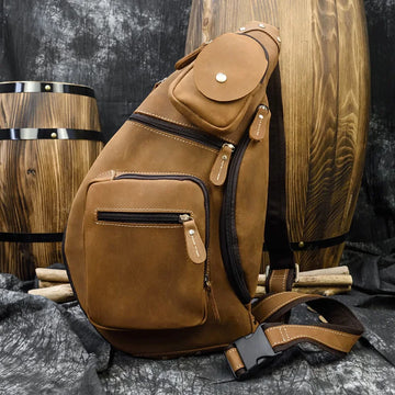 Xajzpa Men's Crazy Horse Leather Chest Bag Small Genuine Leather Travel Bag Vintage Cow Leather Crossbody Bag Cowhide Sling Bag